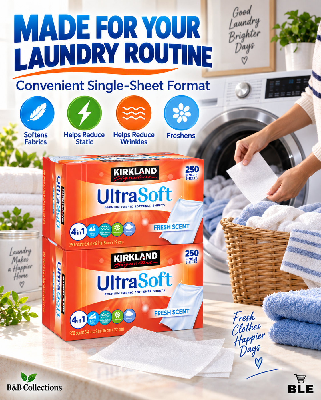 Kirkland Signature UltraSoft Premium Fabric Softener Sheets, Fresh Scent, 500 Count, 2 Packs of 250 Sheets