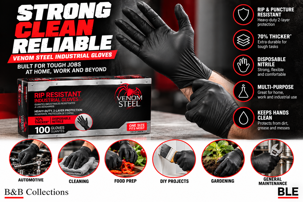 Venom Steel Premium Industrial Black Nitrile Gloves, Rip Resistant, Heavy-Duty Disposable Gloves, One Size Fits Most, 100 Count
