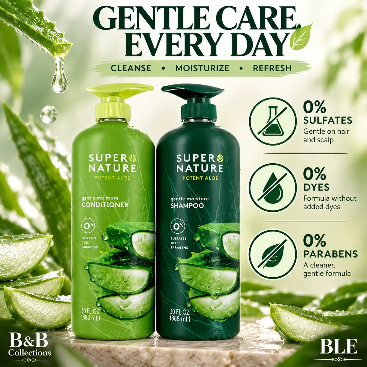 Super Nature Potent Aloe Gentle Moisture Shampoo and Conditioner Sulfates Free, 30 Fl Oz