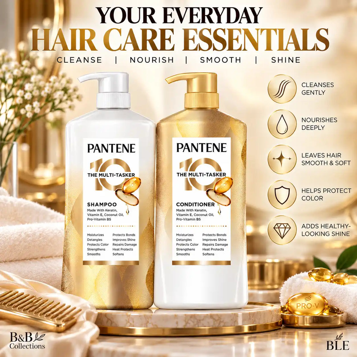 Pantene 10 The Multi-Tasker Shampoo & Conditioner Set, Keratin, Vitamin E, Coconut Oil & Pro-Vitamin B5, Moisturizing, Strengthening & Smoothing Hair Care, 2-Piece Set