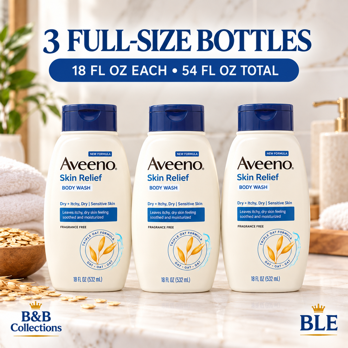Aveeno Skin Relief Body Wash for Sensitive Skin, Soothing Triple Oat Formula, Fragrance-Free, 18 fl oz Each, 3-Pack (54 fl oz Total)