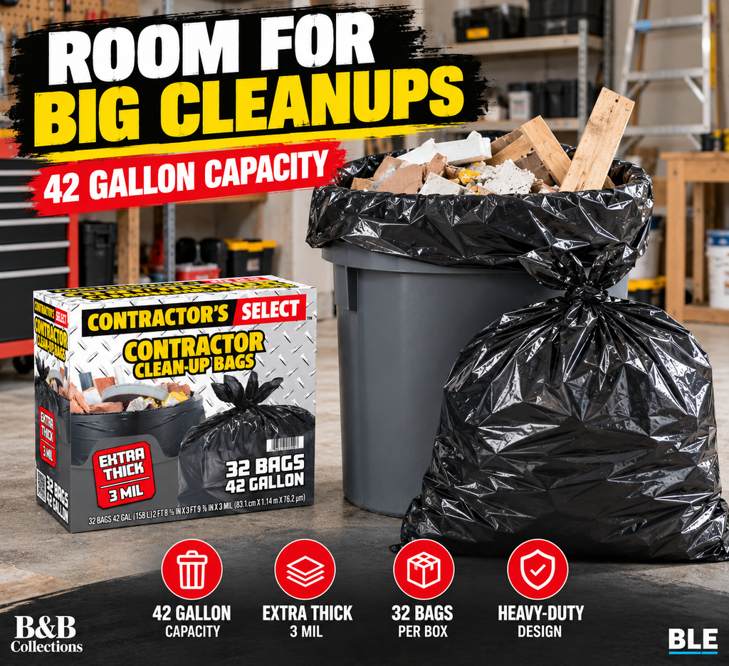Contractor's Select Extra Thick Contractor Clean-Up Bags, 42 Gallon, 3 Mil Heavy-Duty Black Trash Bags, 32 Count