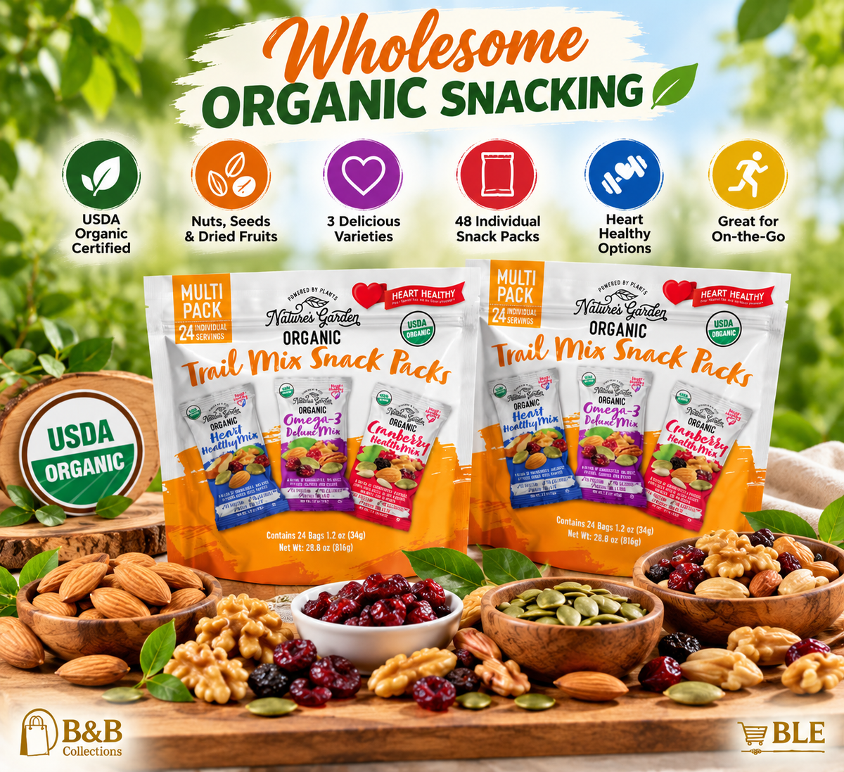 Nature's Garden Organic Trail Mix Snack Packs, 48 Individual Bags, 2-Pack, Heart Healthy Nut & Fruit Mix Variety, 1.2 oz Each