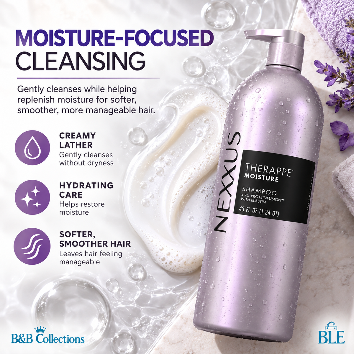 Nexxus Therappe Moisture Shampoo, 43 fl oz, Hydrating Shampoo for Dry Hair, Salon-Quality Hair Care, Pump Bottle