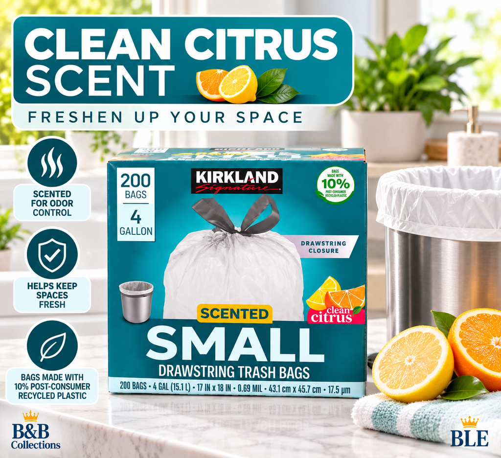 Kirkland Signature Scented Small Drawstring Trash Bags, 4 Gallon, Clean Citrus, 200 Count