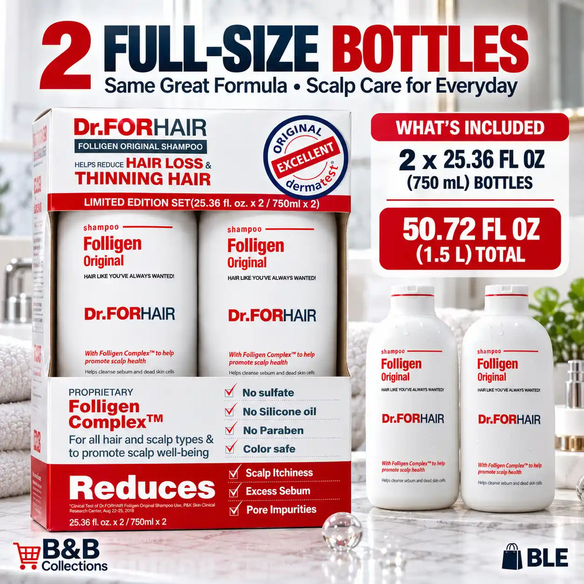 Dr.FORHAIR Folligen Original Shampoo Limited Edition Set, Scalp Care Shampoo, Sulfate, Silicone Oil & Paraben Free, Color Safe, 25.36 fl oz Each, 2 Pack, 50.72 fl oz Total