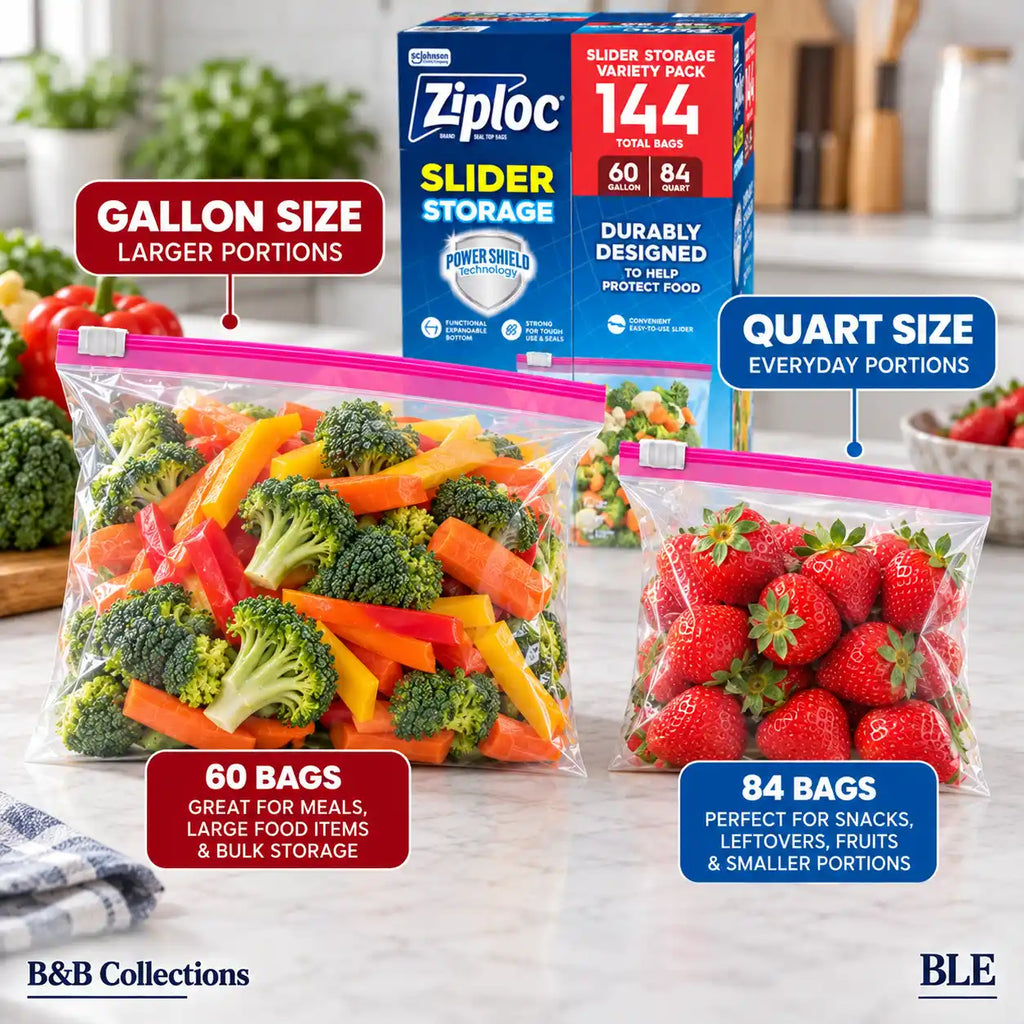 Ziploc Slider Storage Bags Variety Pack, Power Shield Technology, Gallon & Quart Sizes, 144 Total Bags (60 Gallon + 84 Quart)