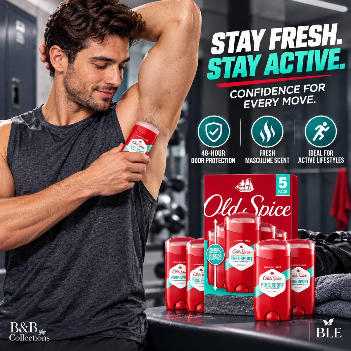 Old Spice High Endurance Pure Sport Deodorant for Men, 48-Hour Odor Protection, Aluminum-Free, 3 oz Each (5 Pack)