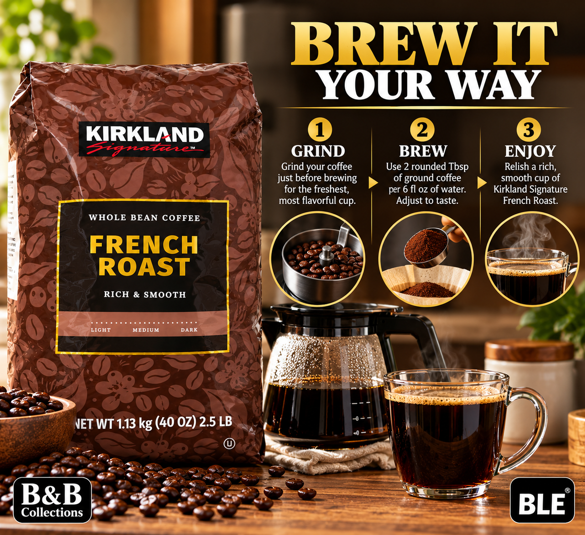 Kirkland Signature French Roast Whole Bean Coffee, Rich & Smooth Dark Roast Arabica Blend, 40 oz (2.5 lb / 1.13 kg)