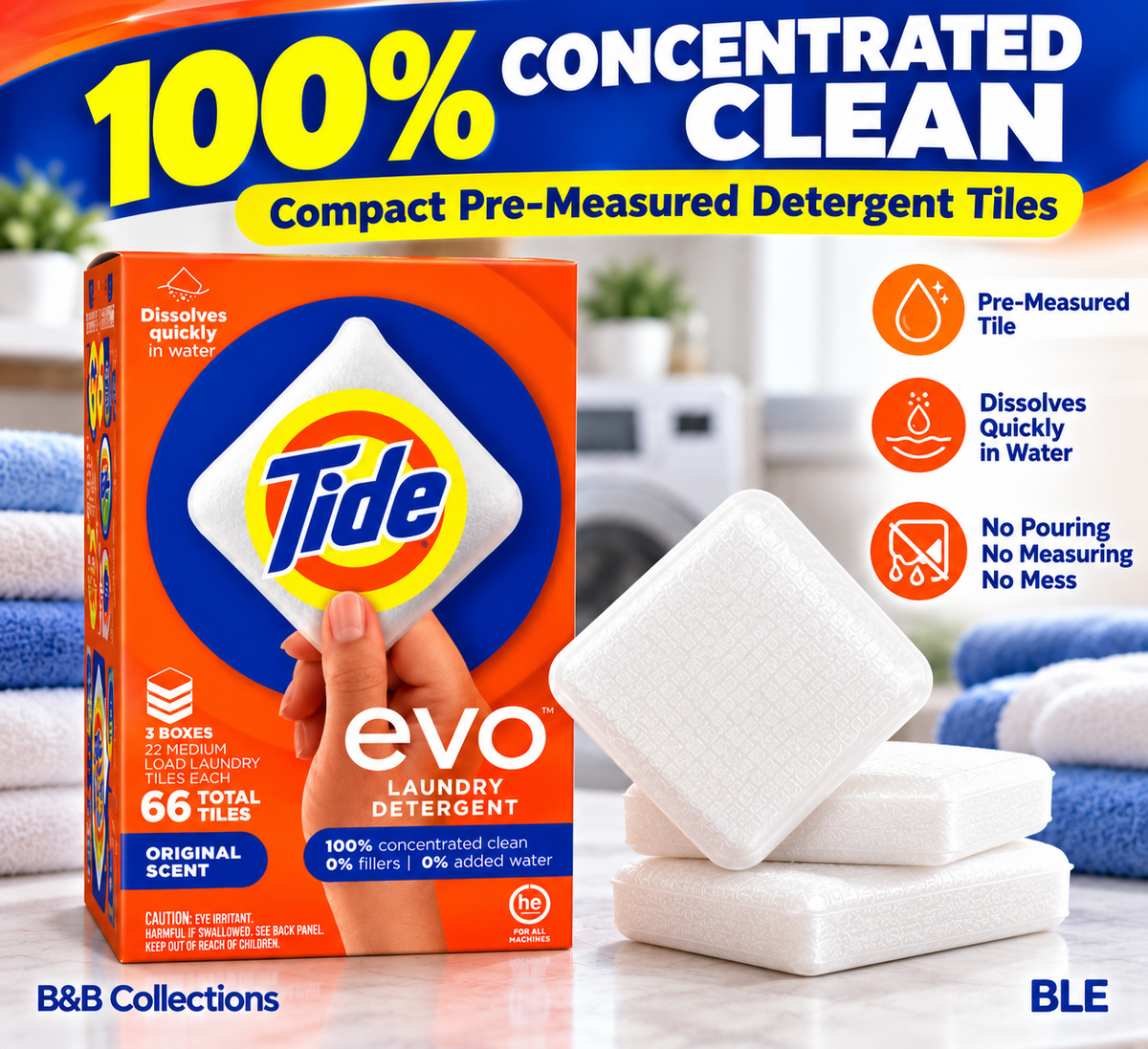Tide evo Laundry Detergent Tiles, Original Scent, 66 Total Tiles, 3 Boxes, Concentrated Pre-Measured Laundry Detergent
