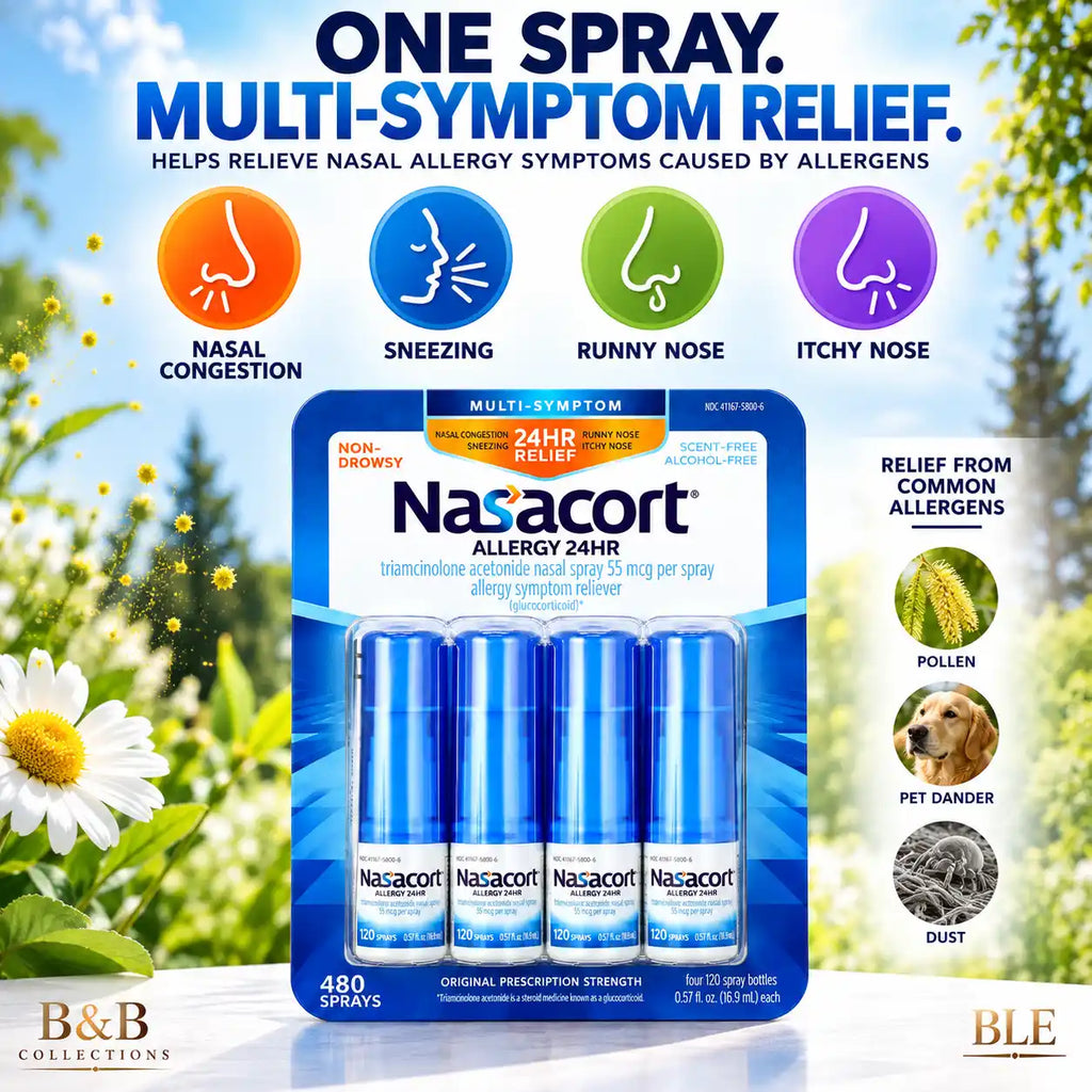 Nasacort Allergy 24HR Multi-Symptom Nasal Spray, 55 mcg, Non-Drowsy, Scent-Free & Alcohol-Free, 120 Sprays per Bottle, 480 Total Sprays, 4 Pack