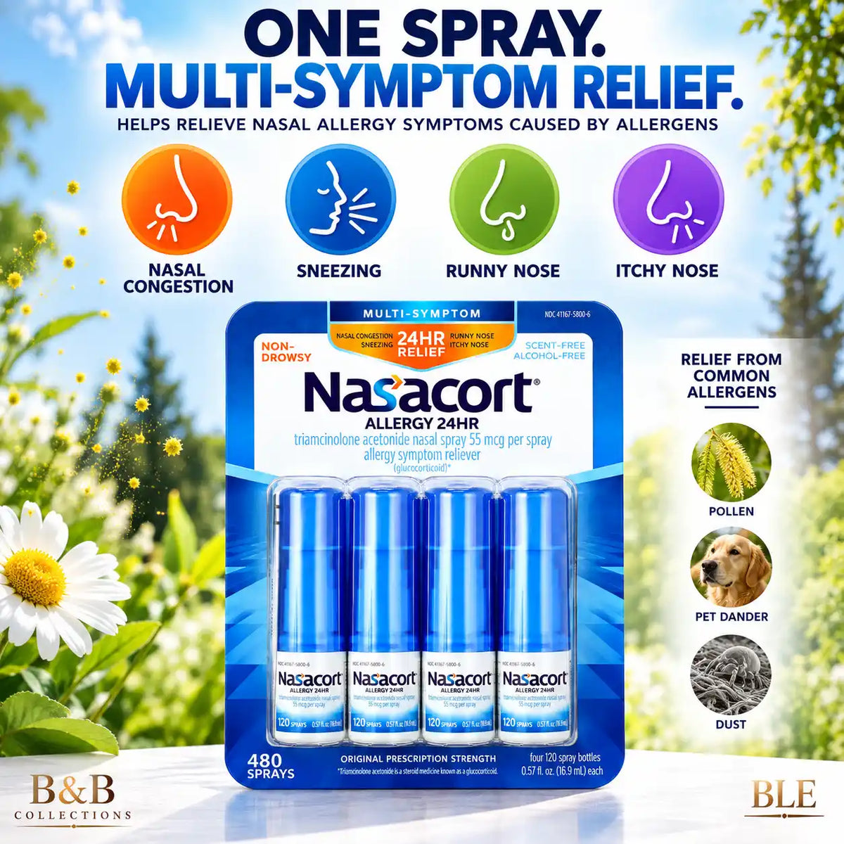Nasacort Allergy 24HR Multi-Symptom Nasal Spray, 55 mcg, Non-Drowsy, Scent-Free & Alcohol-Free, 120 Sprays per Bottle, 480 Total Sprays, 4 Pack