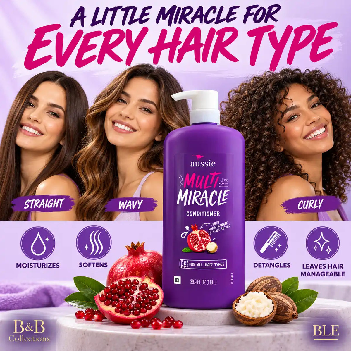 Aussie Multi Miracle Conditioner with Pomegranate & Shea Butter, for All Hair Types, 39.9 fl oz (1.18 L), Pump Bottle