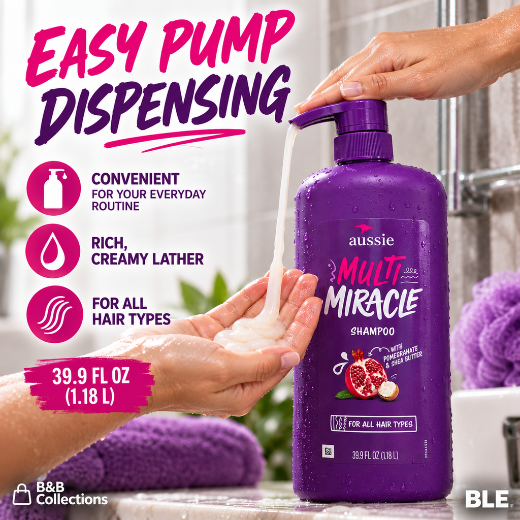 Aussie Multi Miracle Shampoo with Pomegranate & Shea Butter, For All Hair Types, 39.9 fl oz (1.18 L)