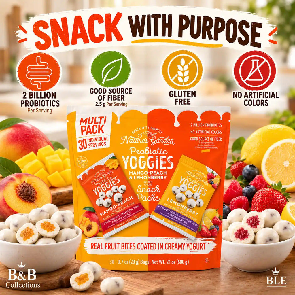 Nature's Garden Probiotic Yoggies Fruit Snacks, Mango-Peach & Lemonberry Flavors, Yogurt-Coated Fruit Bites, 2 Billion Probiotics, Gluten-Free, 30 Individually Packaged Packs, 21 oz