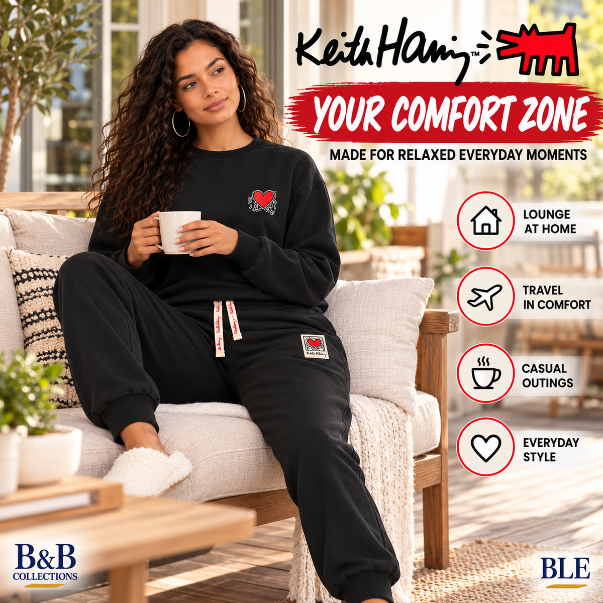 Keith Haring Women's 2-Piece Crewneck Sweatshirt & Jogger Fleece Lounge Set, Black, Large