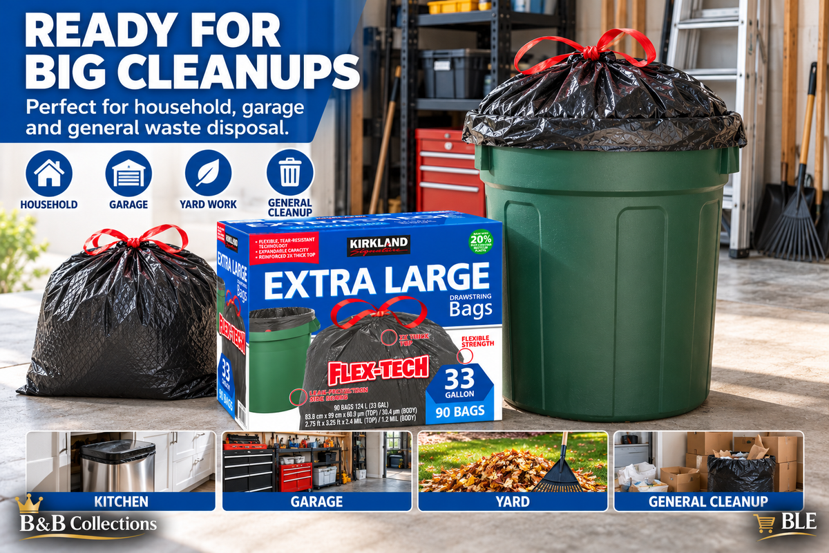 Kirkland Signature Flex-Tech Extra Large Drawstring Trash Bags, 33 Gallon, 90 Count