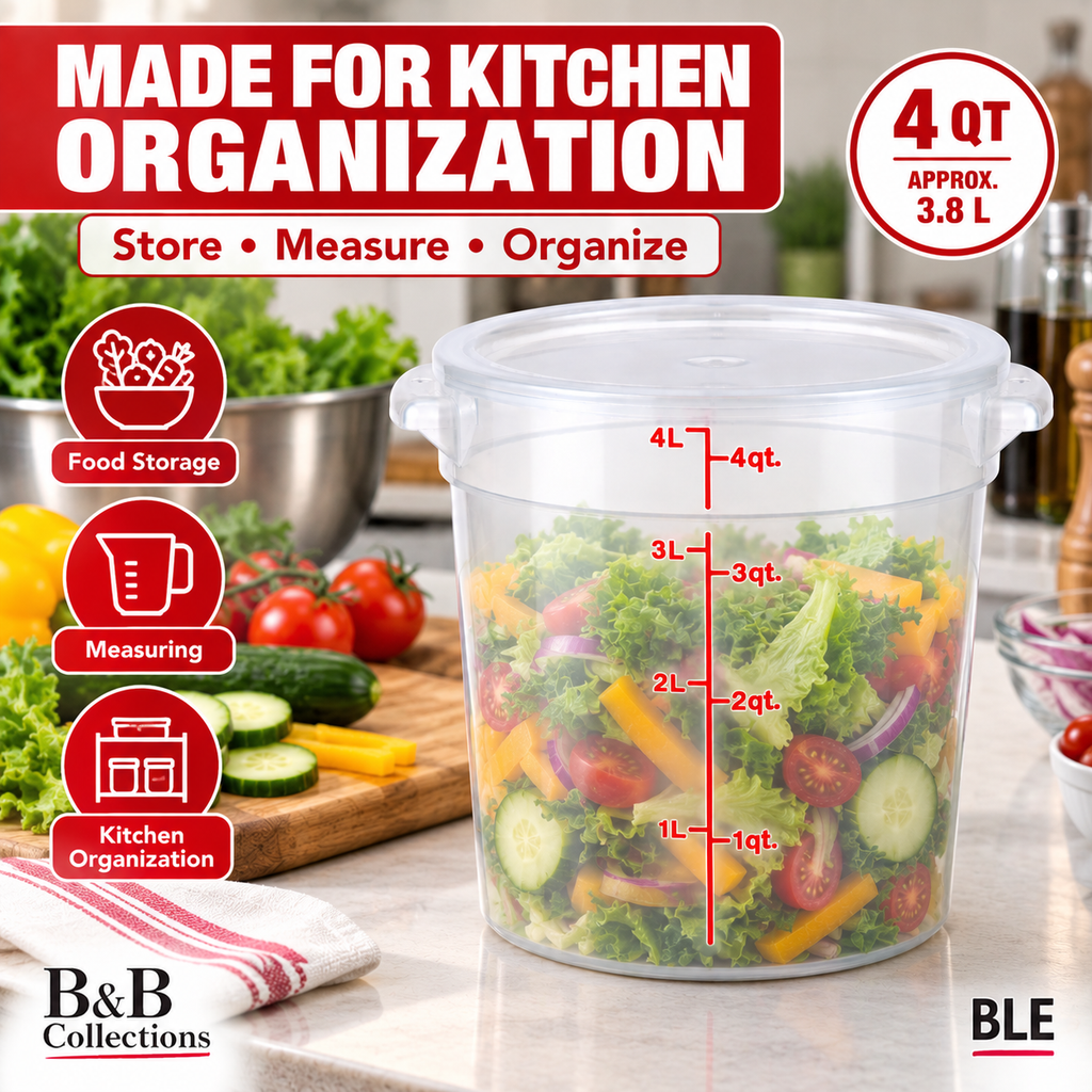 4 Qt Round Food Storage Container with Lid, Clear Graduated Container, Red Quart & Liter Measurement Markings, 3.8 L Capacity