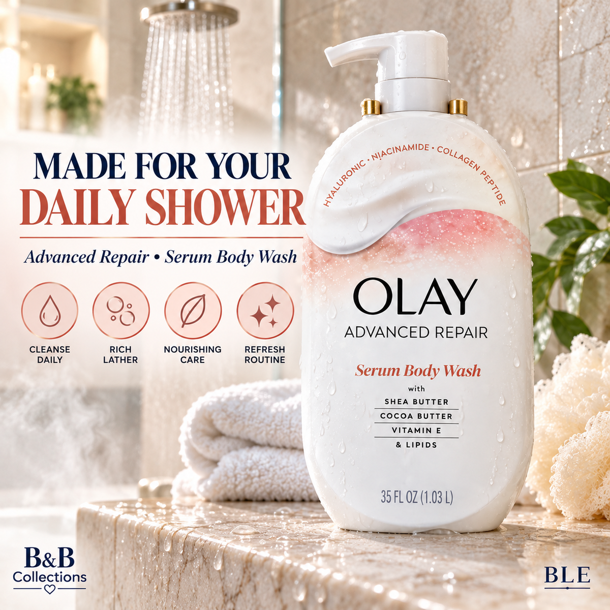 Olay Advanced Repair Serum Body Wash with Shea Butter, Cocoa Butter, Vitamin E & Lipids, 35 fl oz