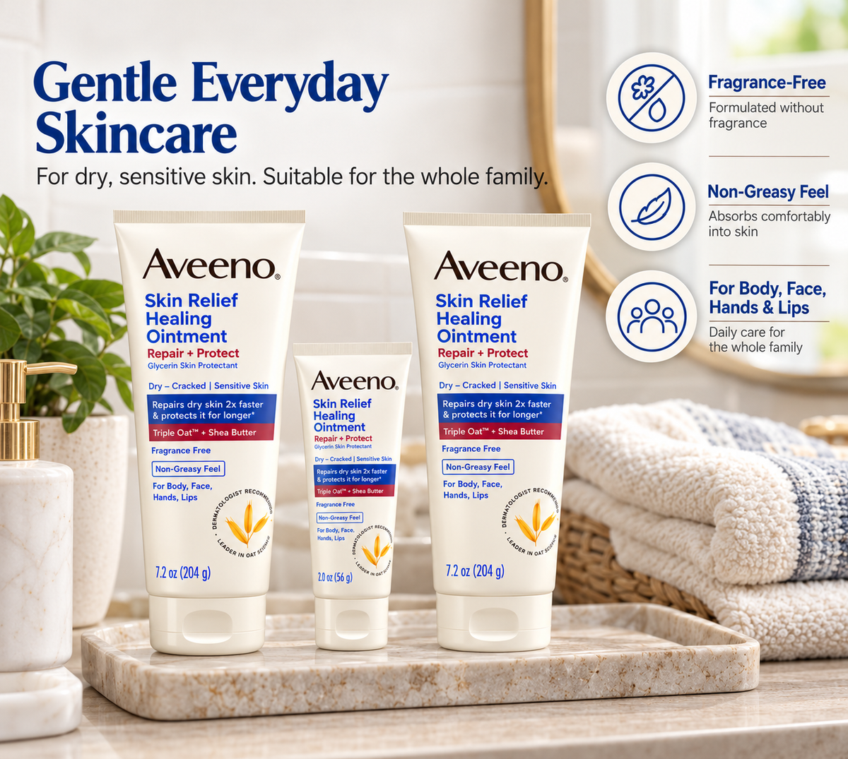 Aveeno Skin Relief Healing Ointment Repair + Protect, Fragrance-Free, Dry & Cracked Skin Treatment, 3-Pack (2 × 7.2 oz + 1 × 2 oz), 16.4 oz Total