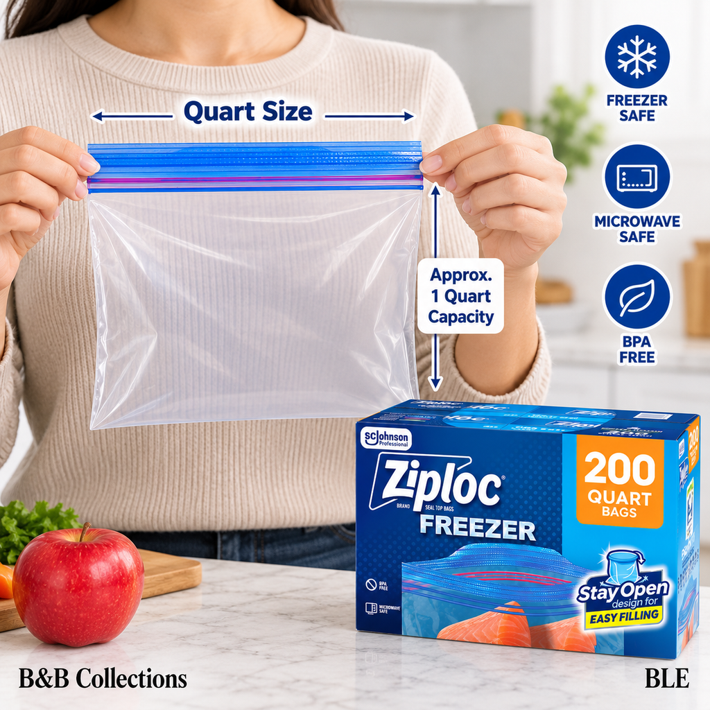 Ziploc Seal Top Quart Freezer Bags, 200 Count, Stay Open Design, Easy Filling, Food Storage & Freezer Protection