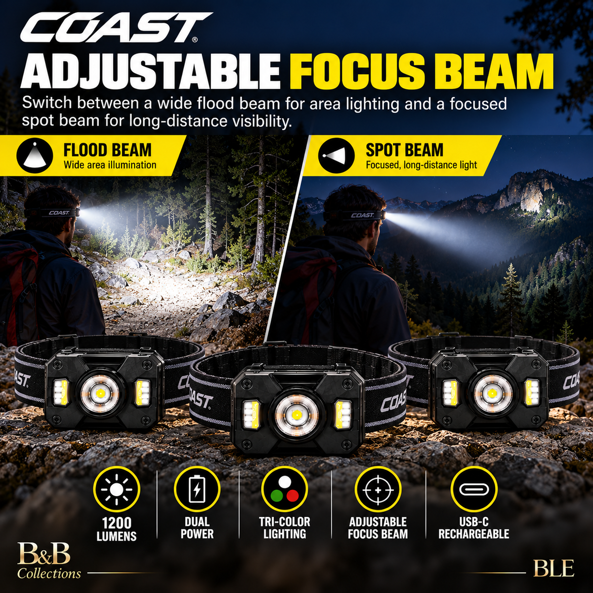 COAST CH1200R Rechargeable Dual Power LED Headlamp 3-Pack, 1200 Lumens, USB-C Rechargeable, Tri-Color Lighting, Adjustable Focus Beam