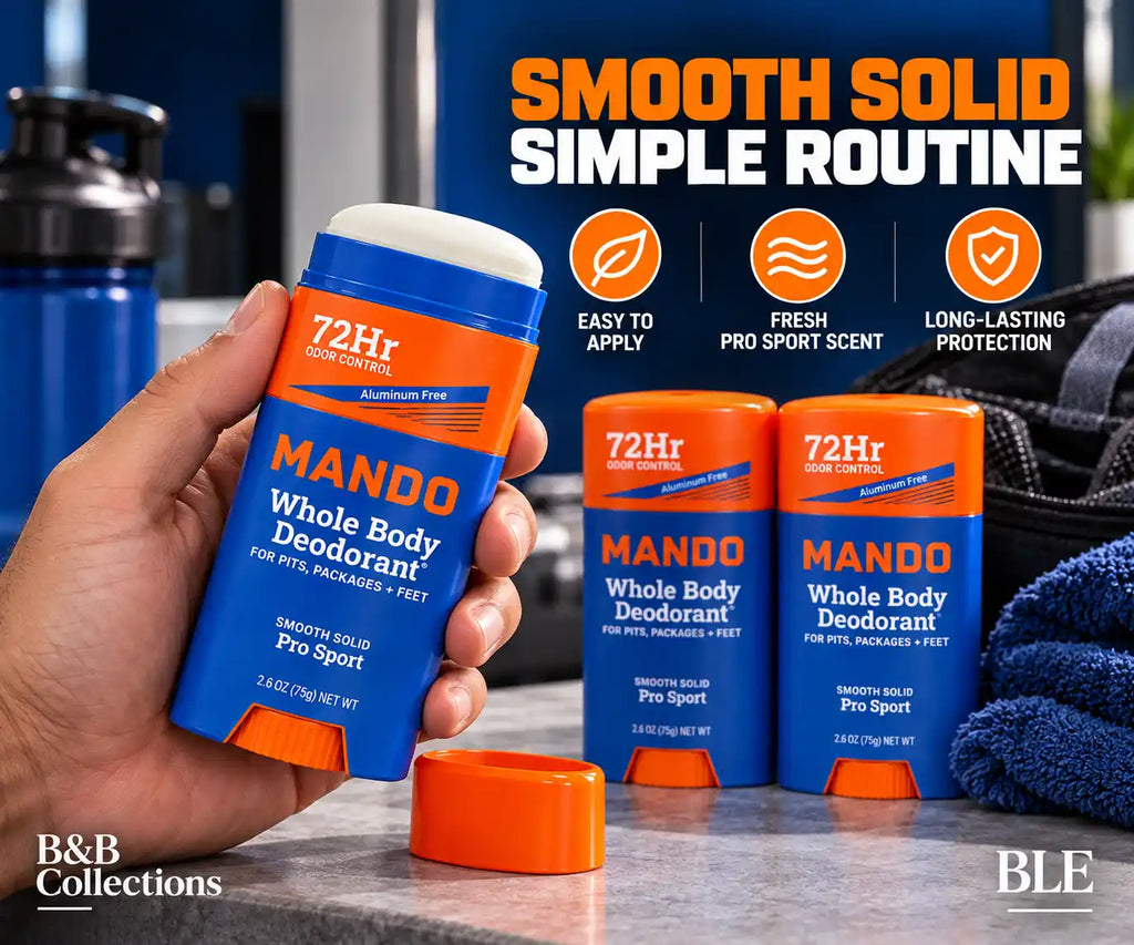 Mando Whole Body Deodorant for Men, Pro Sport Scent, 72-Hour Odor Control, Aluminum-Free Smooth Solid, 2.6 oz Each, 3 Pack, 7.8 oz Total