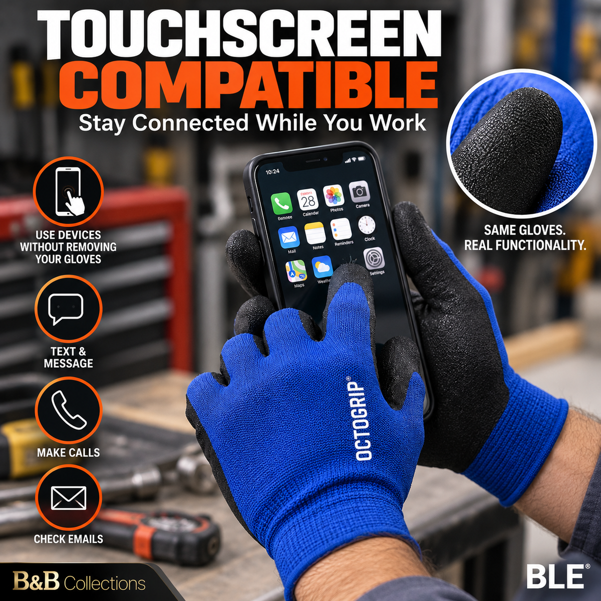Octogrip Nitrile Coated Work Gloves, 18 Gauge Breathable Touchscreen Work Gloves, Size Large, 6 Pairs