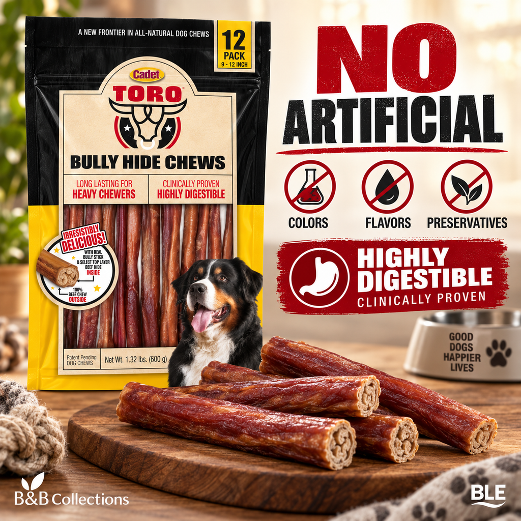 Cadet Toro Bully Hide Chews for Dogs, 9–12 Inch, Long Lasting Beef Hide Chews, 12 Pack, 1.32 lb