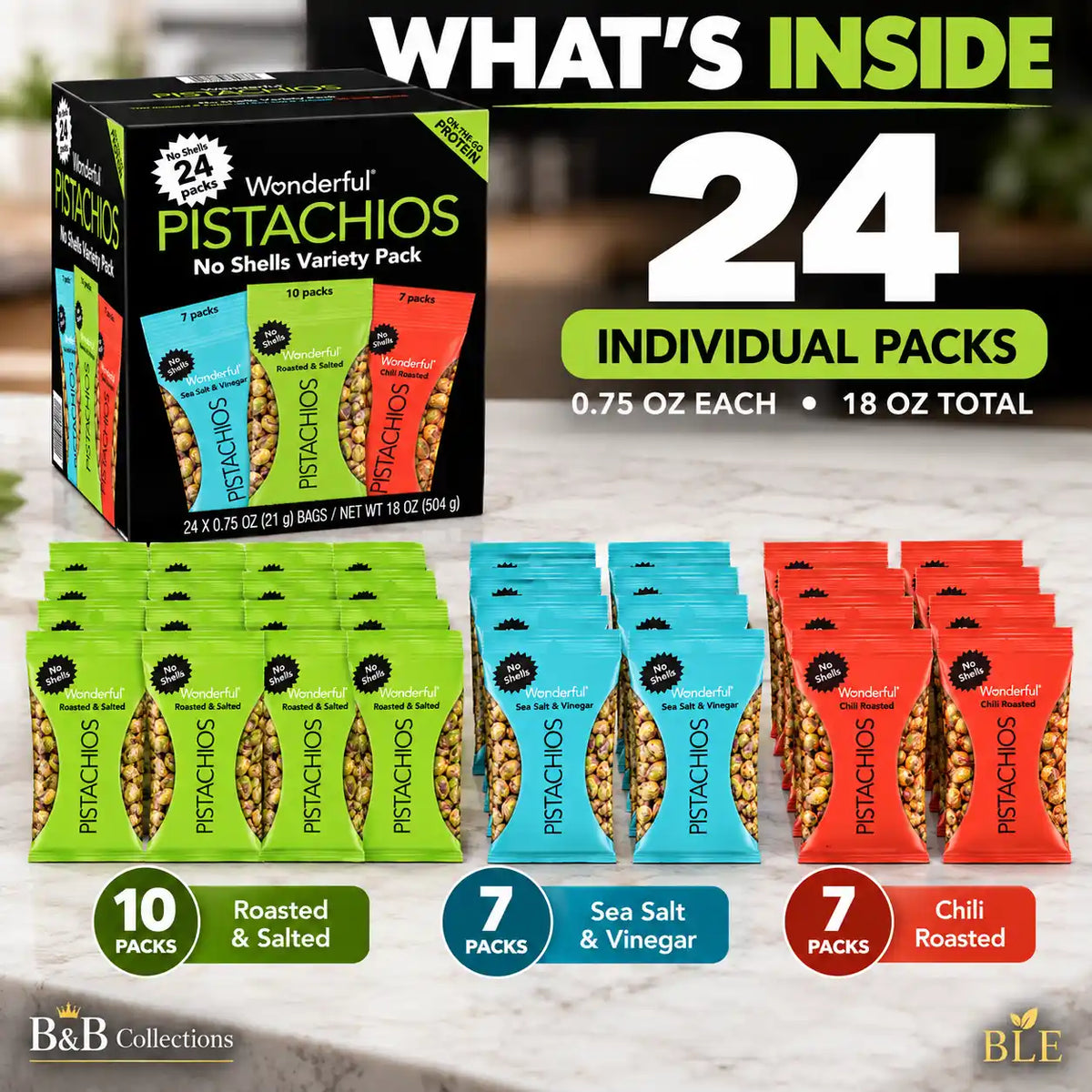 Wonderful Pistachios No Shells Variety Pack, 24 Individual Snack Bags, Roasted & Salted, Sea Salt & Vinegar, Chili Roasted, 0.75 oz Each, 18 oz Total