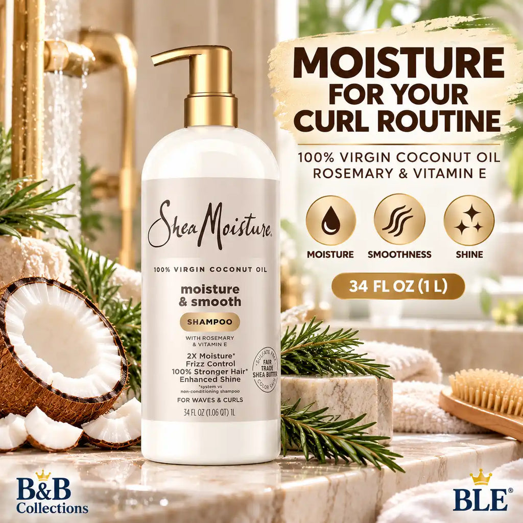 SheaMoisture 100% Virgin Coconut Oil Moisture & Smooth Shampoo with Rosemary & Vitamin E, For Waves & Curls, 34 fl oz (1 L)