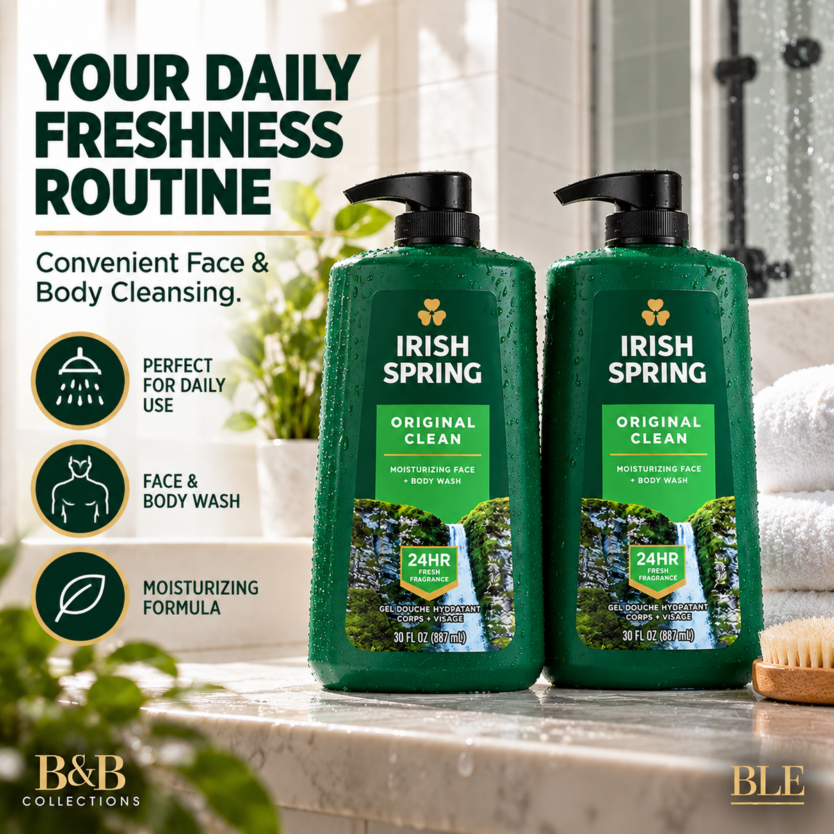 Irish Spring Original Clean Body Wash for Men, Moisturizing Face & Body Wash, 24-Hour Freshness, 30 fl oz Each (Pack of 2, 60 fl oz Total)