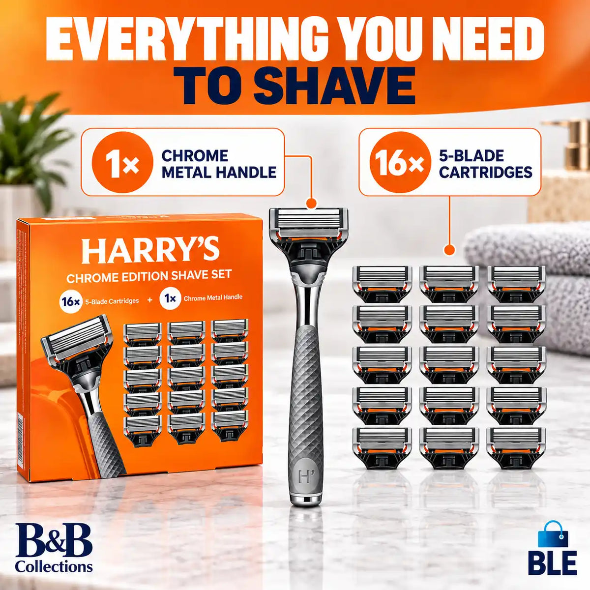 Harry’s Chrome Edition Shave Set, 1 Chrome Metal Handle + 16 Five-Blade Cartridges, Men’s Razor Shaving Kit,Smooth,Trimmer