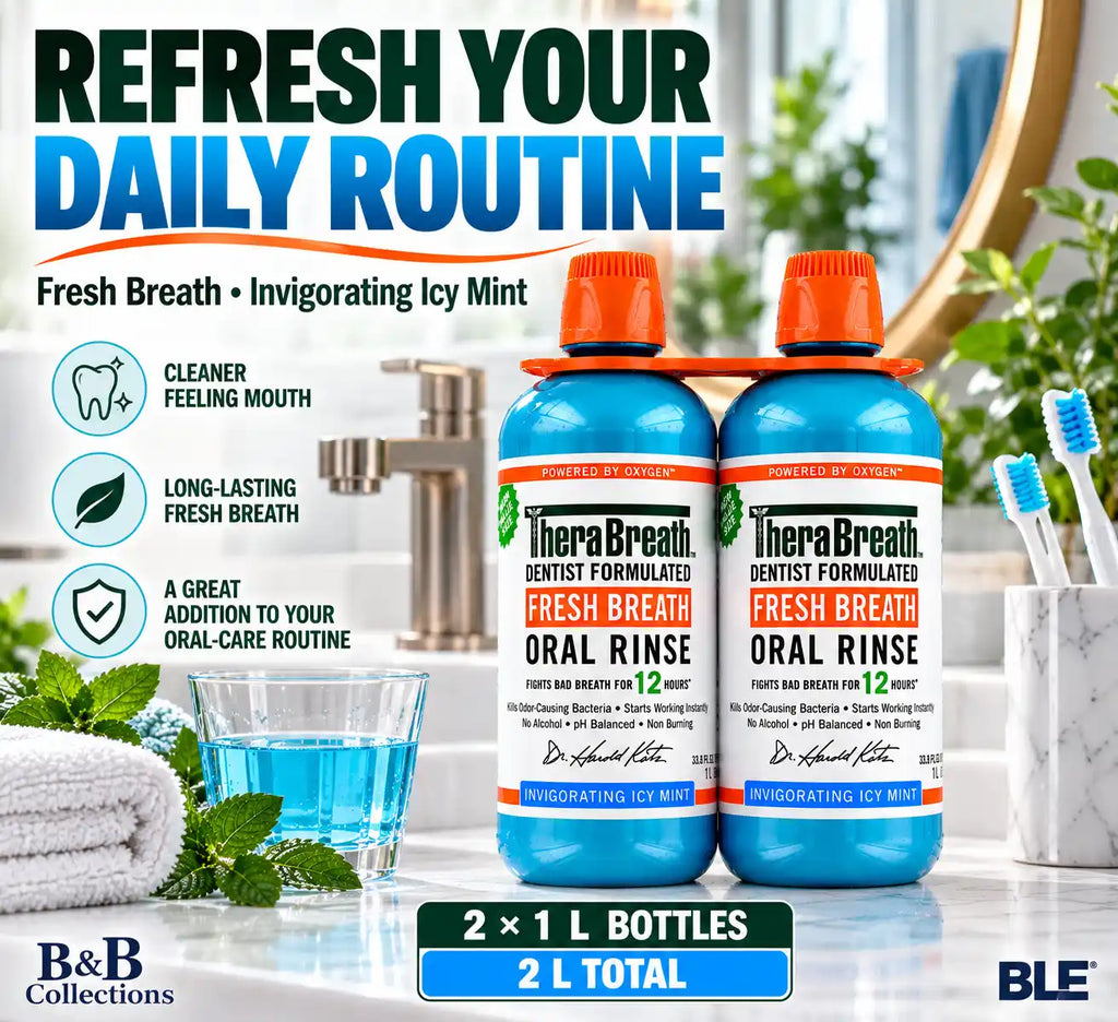 TheraBreath Fresh Breath Oral Rinse, Invigorating Icy Mint, Alcohol-Free Mouthwash, 1 L Bottles, 2 Pack