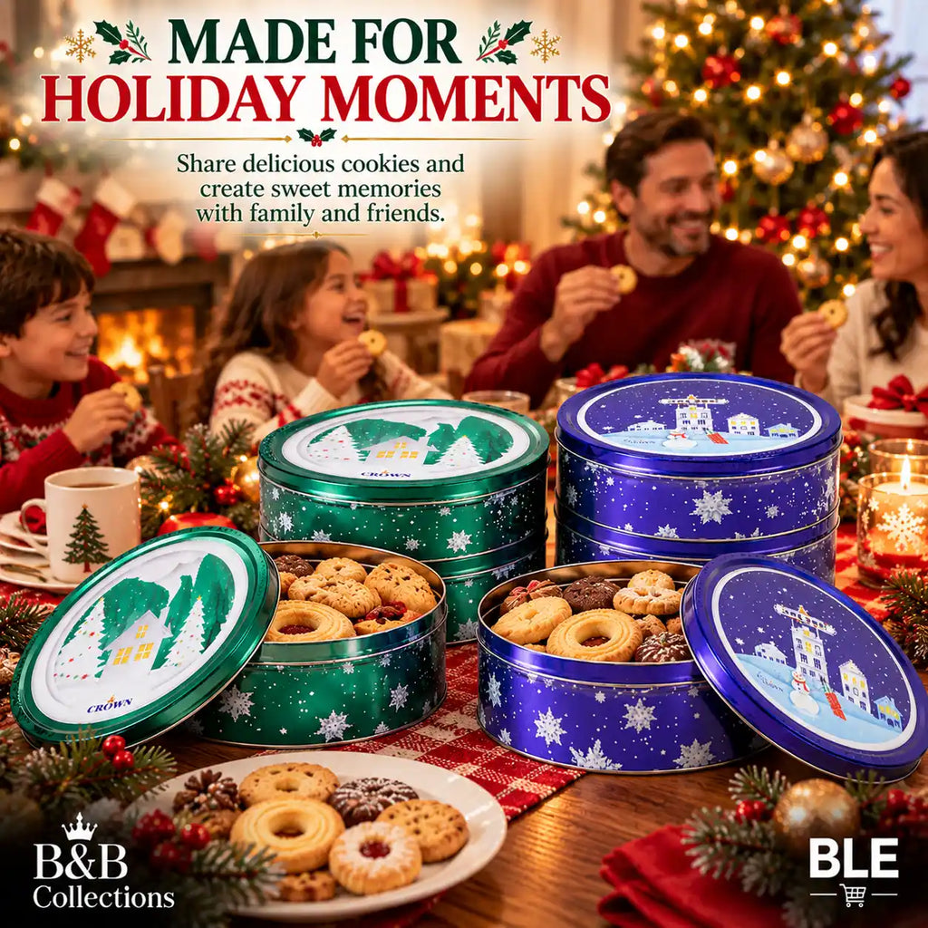 Holiday Winter Village Decorative Cookie Tins, Assorted Christmas Designs, Green & Purple Metal Tins, 4-Pack, 4 lb Total