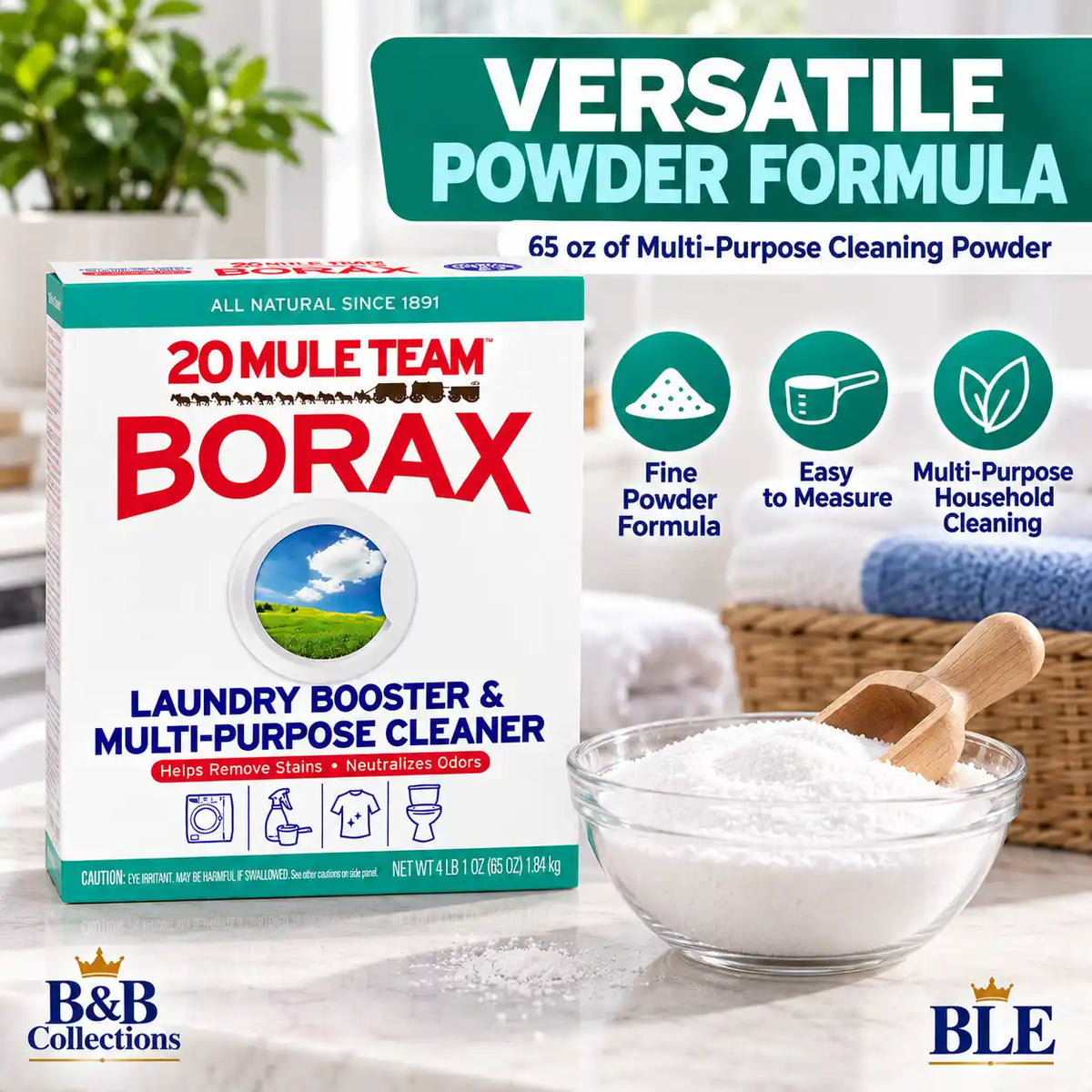 20 Mule Team Borax Laundry Booster & Multi-Purpose Household Cleaner, Helps Remove Stains & Neutralize Odors, All Natural, 4 lb (65 oz / 1.84 kg)