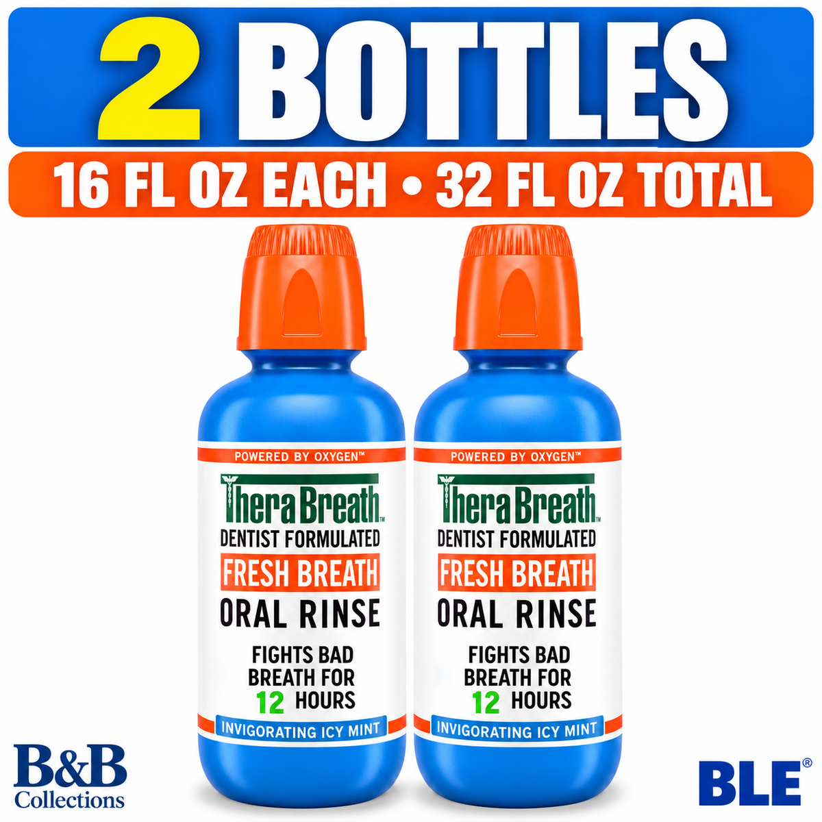 TheraBreath Fresh Breath Oral Rinse, Invigorating Icy Mint, Dentist Formulated, Fights Bad Breath for 12 Hours, 16 fl oz Each, 2 Count