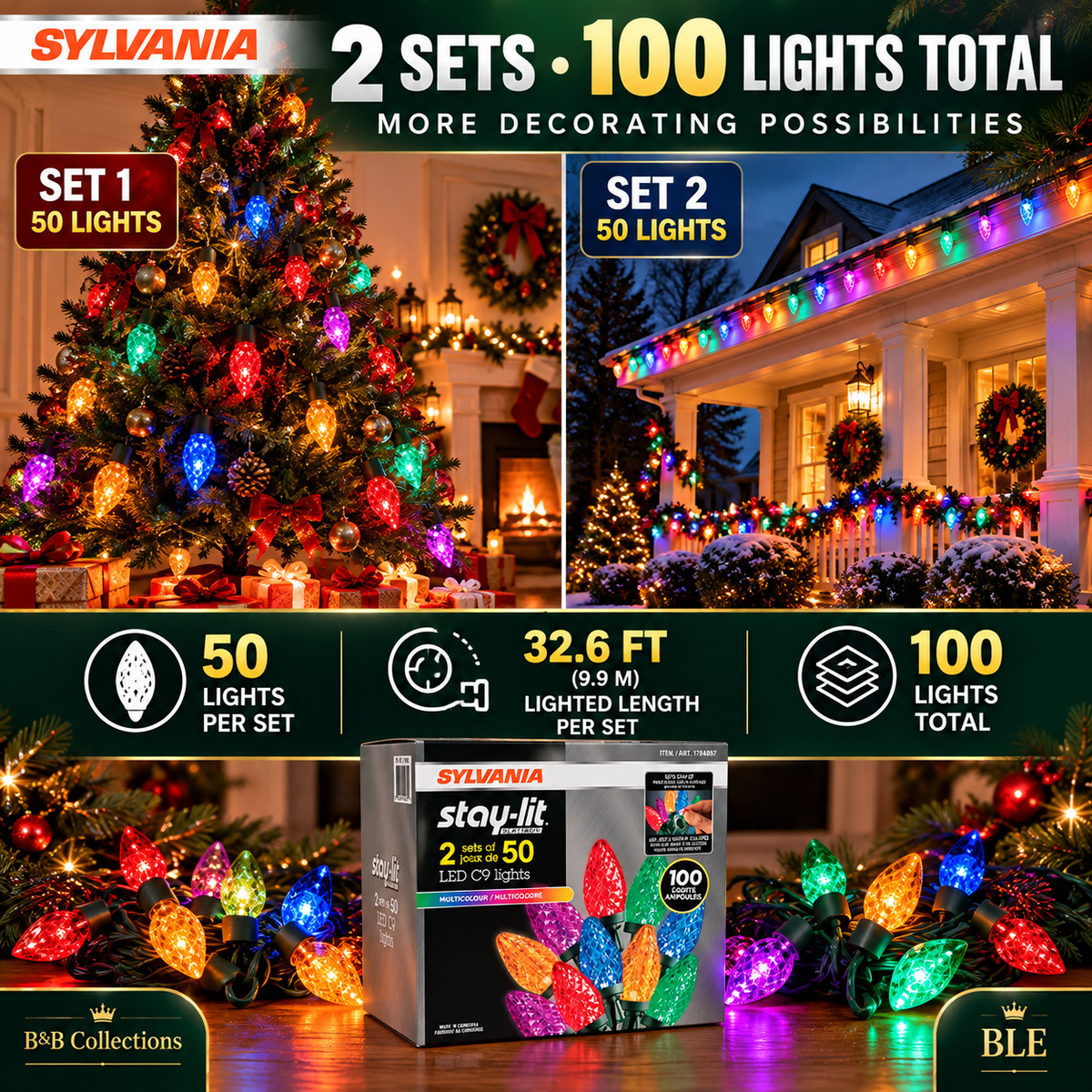 Sylvania Stay-Lit C9 Faceted LED Christmas Lights, Multicolor, 100 Bulbs, 2 Sets of 50, Indoor/Outdoor Holiday String Lights