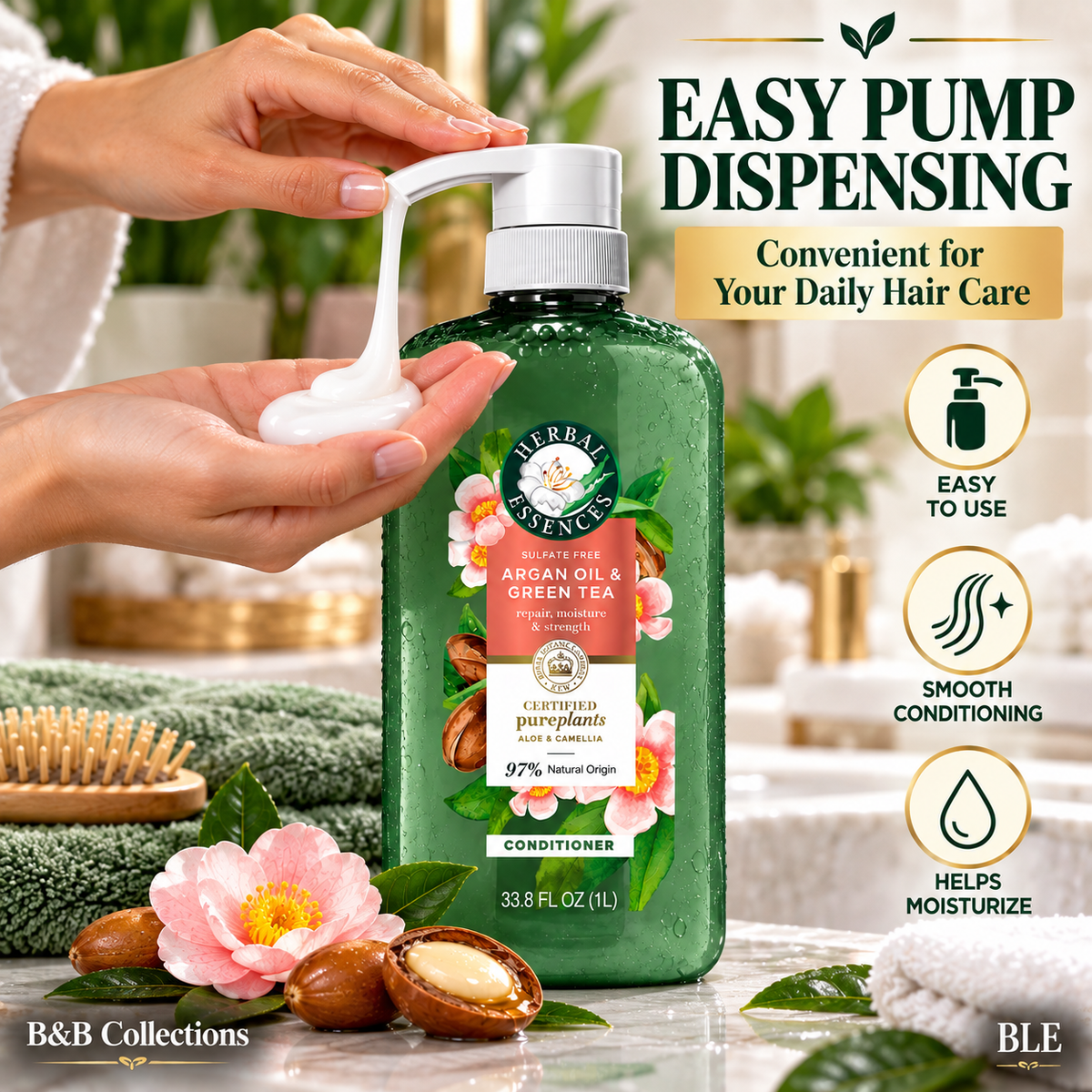 Herbal Essences Argan Oil & Green Tea Conditioner, Sulfate Free, Repair, Moisture & Strength, 97% Natural Origin, 33.8 fl oz (1 L)