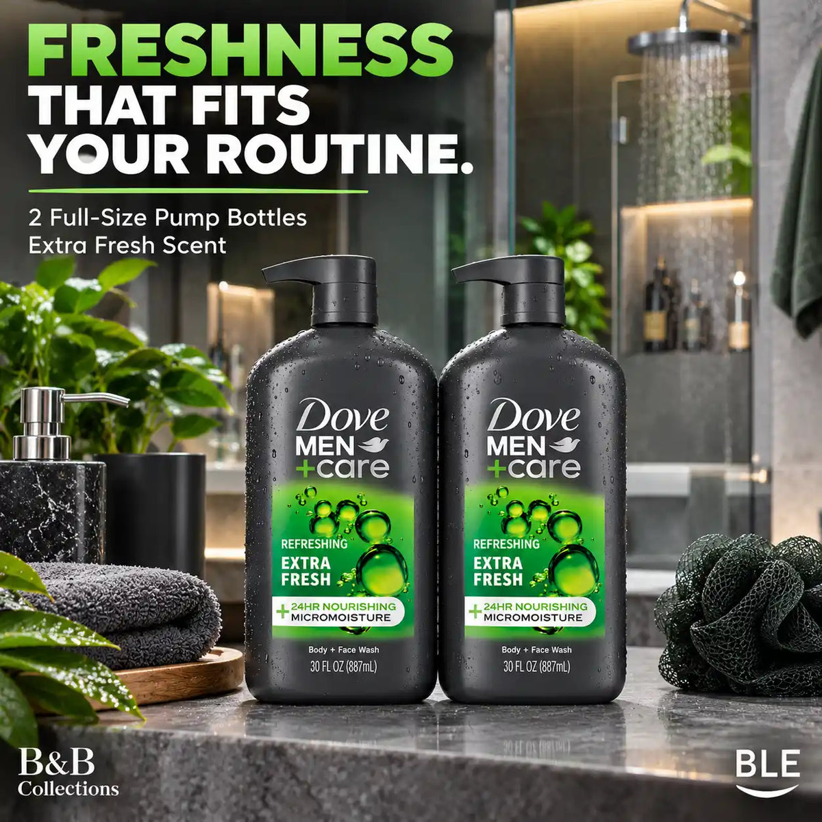 Dove Men+Care Extra Fresh Body & Face Wash, Sulfate-Free, 24HR Nourishing MicroMoisture, Refreshing Scent, 30 fl oz Each, 2-Pack (60 fl oz Total)