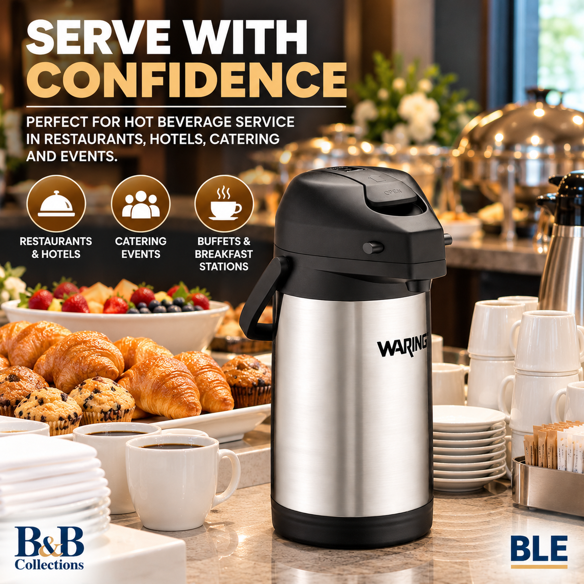 Waring Commercial WCA22 Stainless Steel Airpot, 2.2 Liter Insulated Beverage Dispenser with Pump Top, Silver & Black