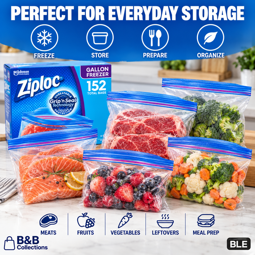 Ziploc Gallon Freezer Bags, Double Zipper Grip 'n Seal Technology, Easy Open Tabs, Freezer-Safe Food Storage Bags, 152 Count
