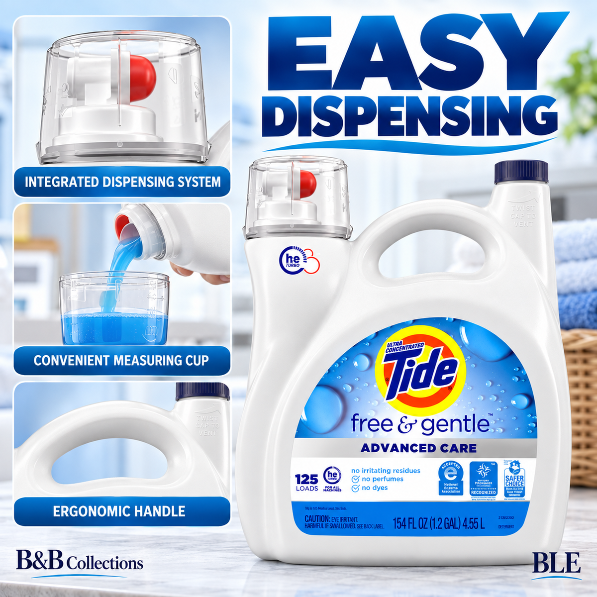 Tide Free & Gentle Advanced Care Liquid Laundry Detergent, HE Compatible, No Perfumes or Dyes, 125 Loads, 154 fl oz