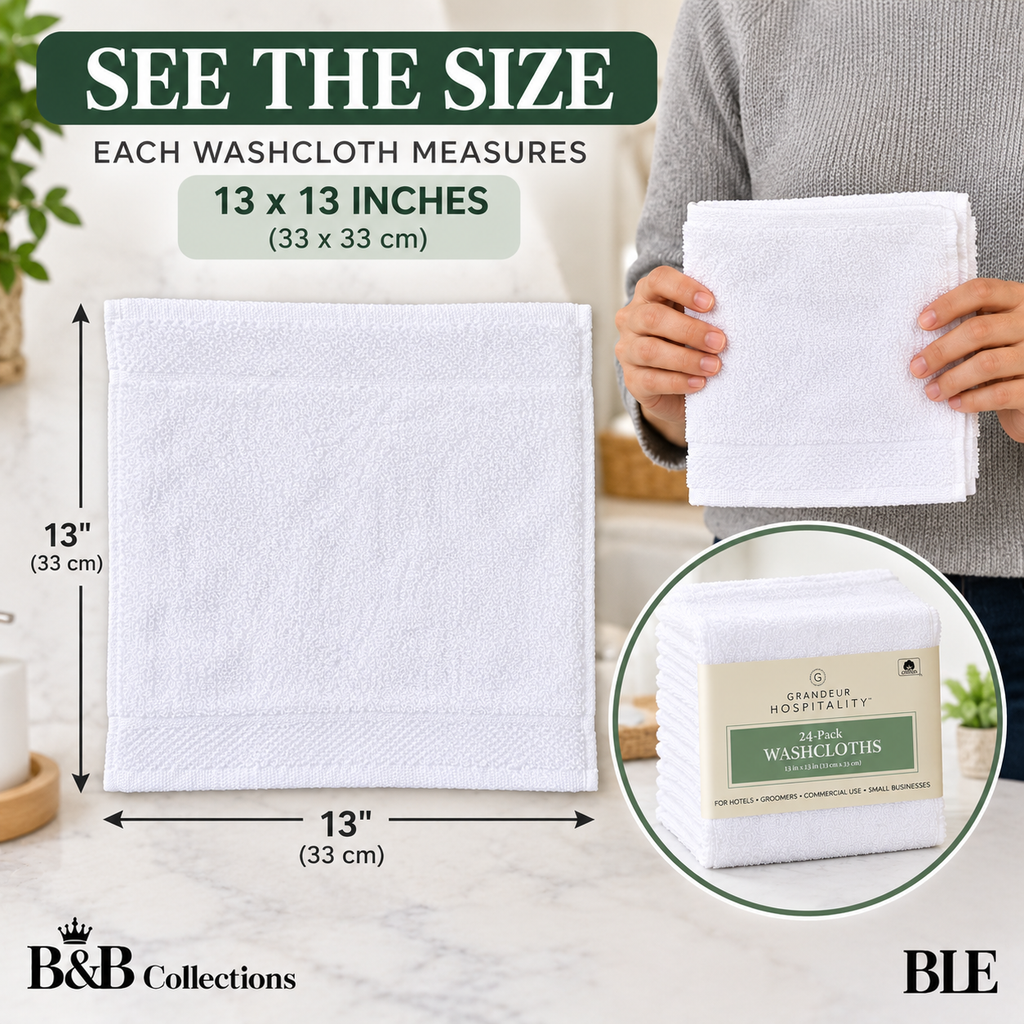 Grandeur Hospitality Washcloths, 100% Cotton, Soft & Absorbent, 13" x 13", White, 24-Pack, for Bathroom, Hotels, Spa & Everyday Use