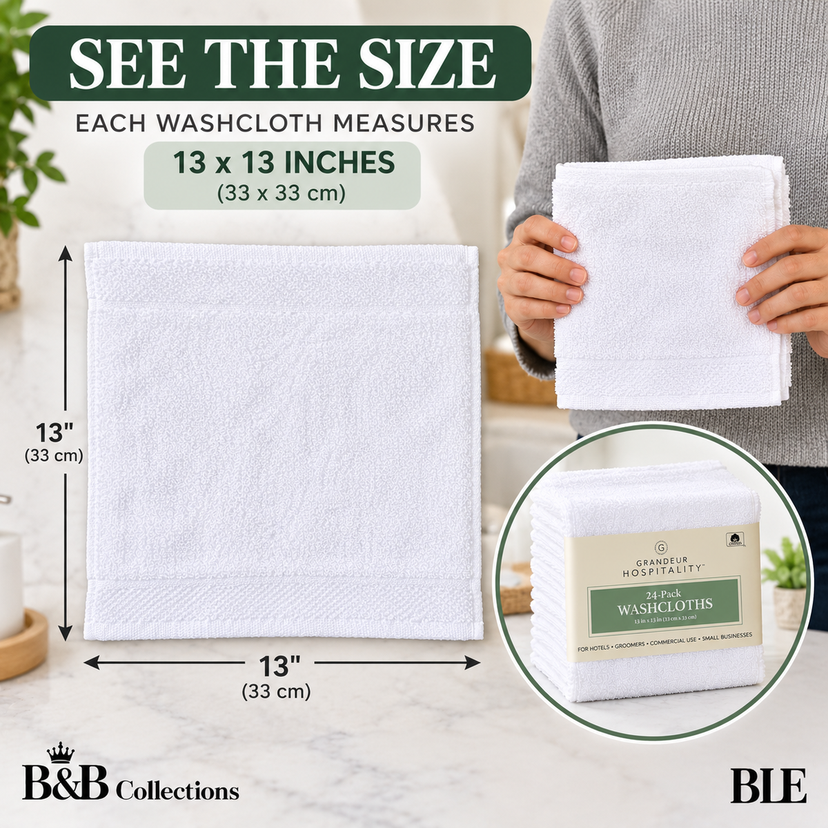 Grandeur Hospitality Washcloths, 100% Cotton, Soft & Absorbent, 13" x 13", White, 24-Pack, for Bathroom, Hotels, Spa & Everyday Use