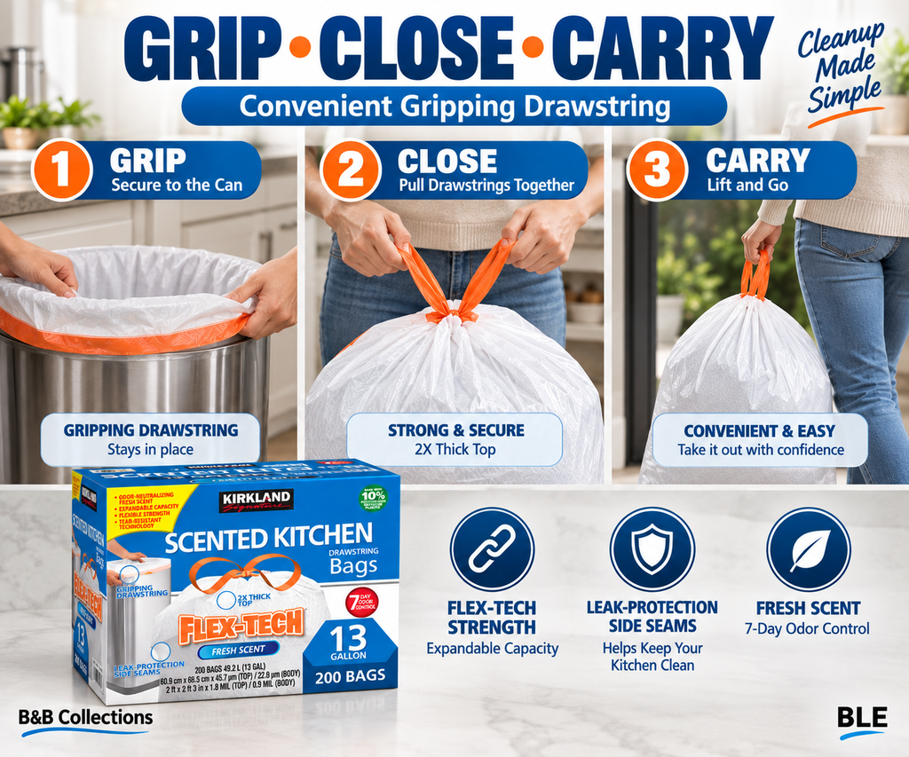 Kirkland Signature Flex-Tech Scented Kitchen Trash Bags, 13 Gallon, Fresh Scent, Drawstring, 200 Count