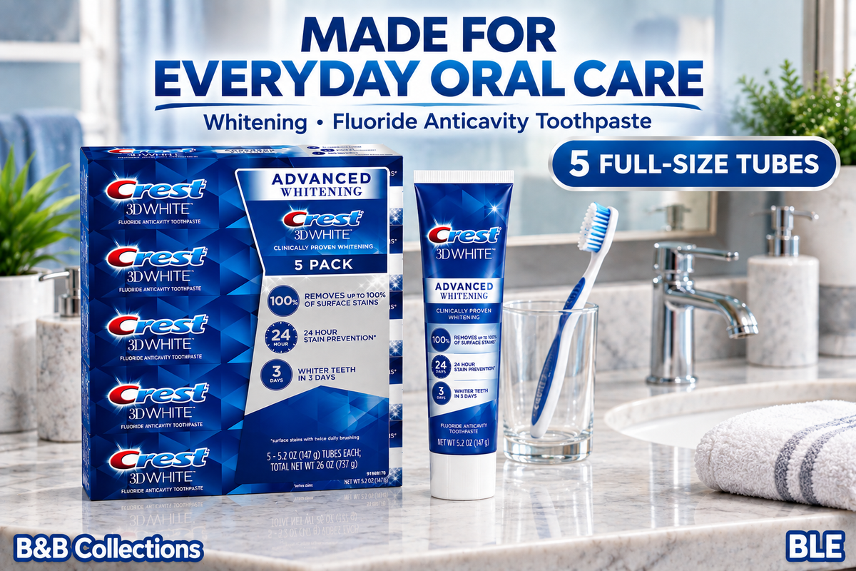 Crest 3D White Advanced Whitening Fluoride Anticavity Toothpaste, 5.2 oz Tubes, 5 Pack, 26 oz Total