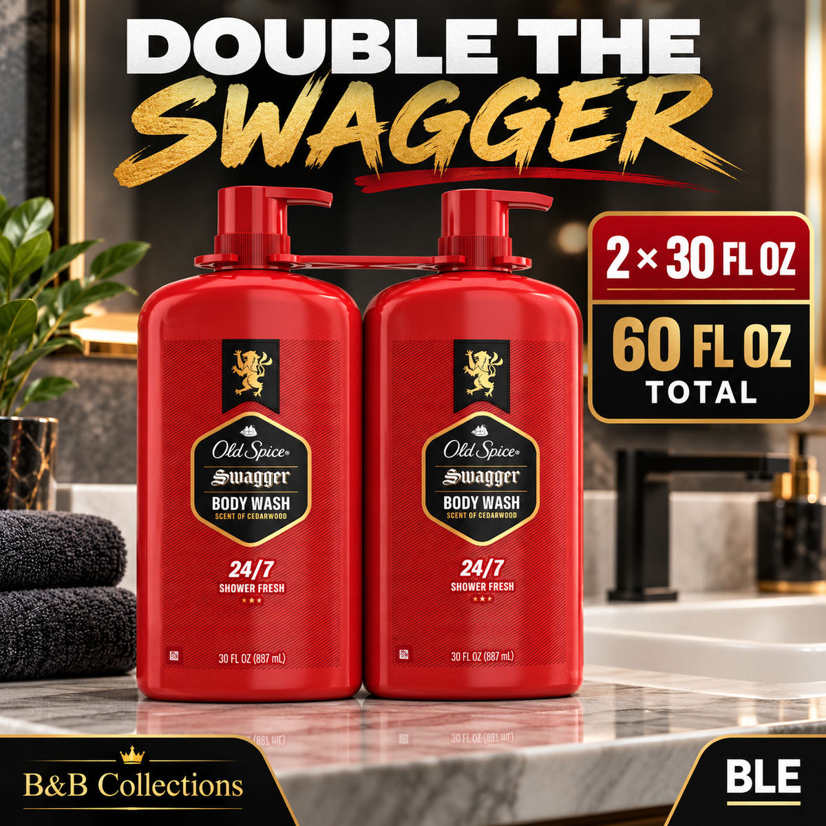 Old Spice Swagger Body Wash for Men, Cedarwood Scent, 24/7 Shower Fresh, 30 fl oz Each, 2 Pack (60 fl oz Total)