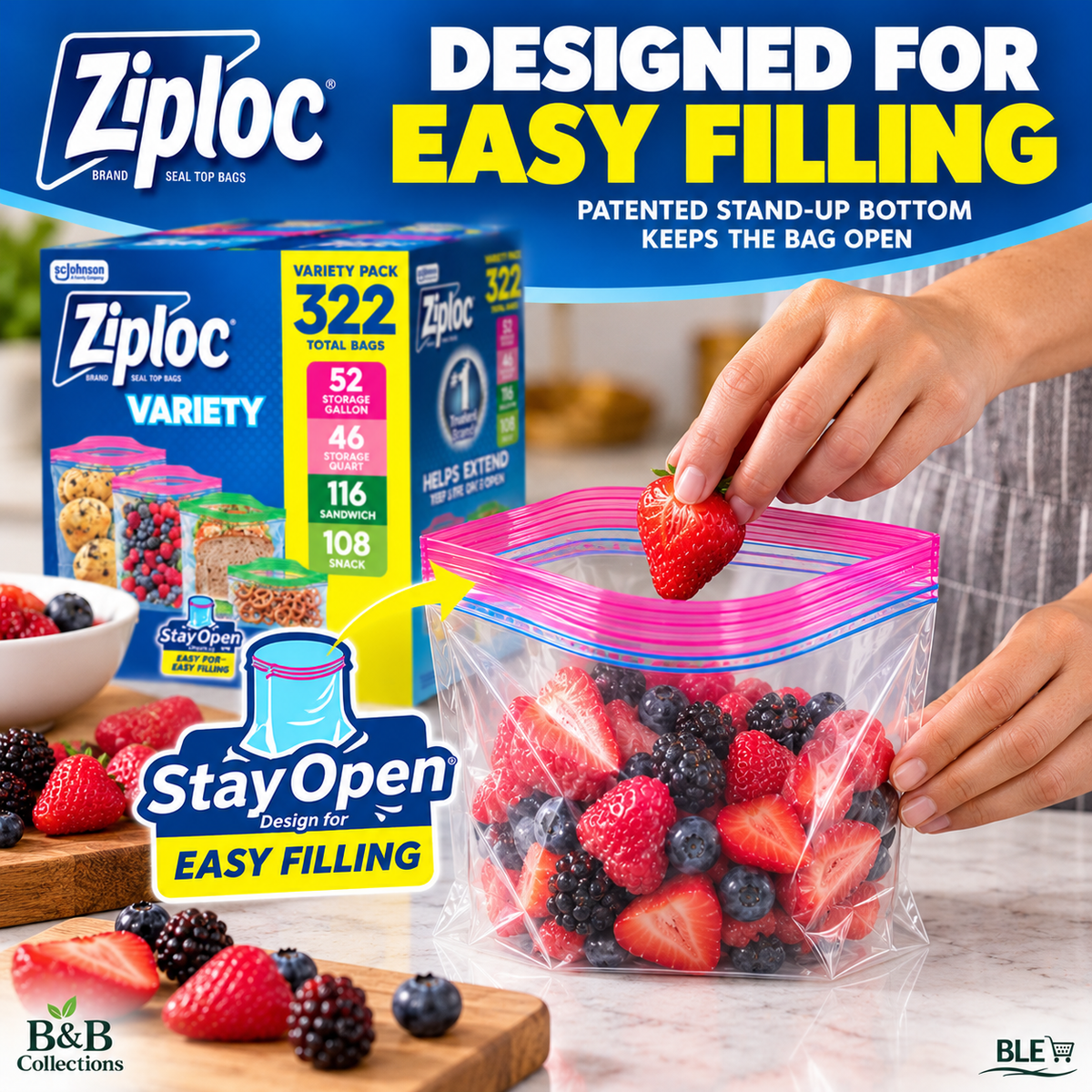 Ziploc Seal Top Food Storage Bags Variety Pack, 322 Count, Gallon, Quart, Sandwich & Snack Bags, Easy Open Tabs
