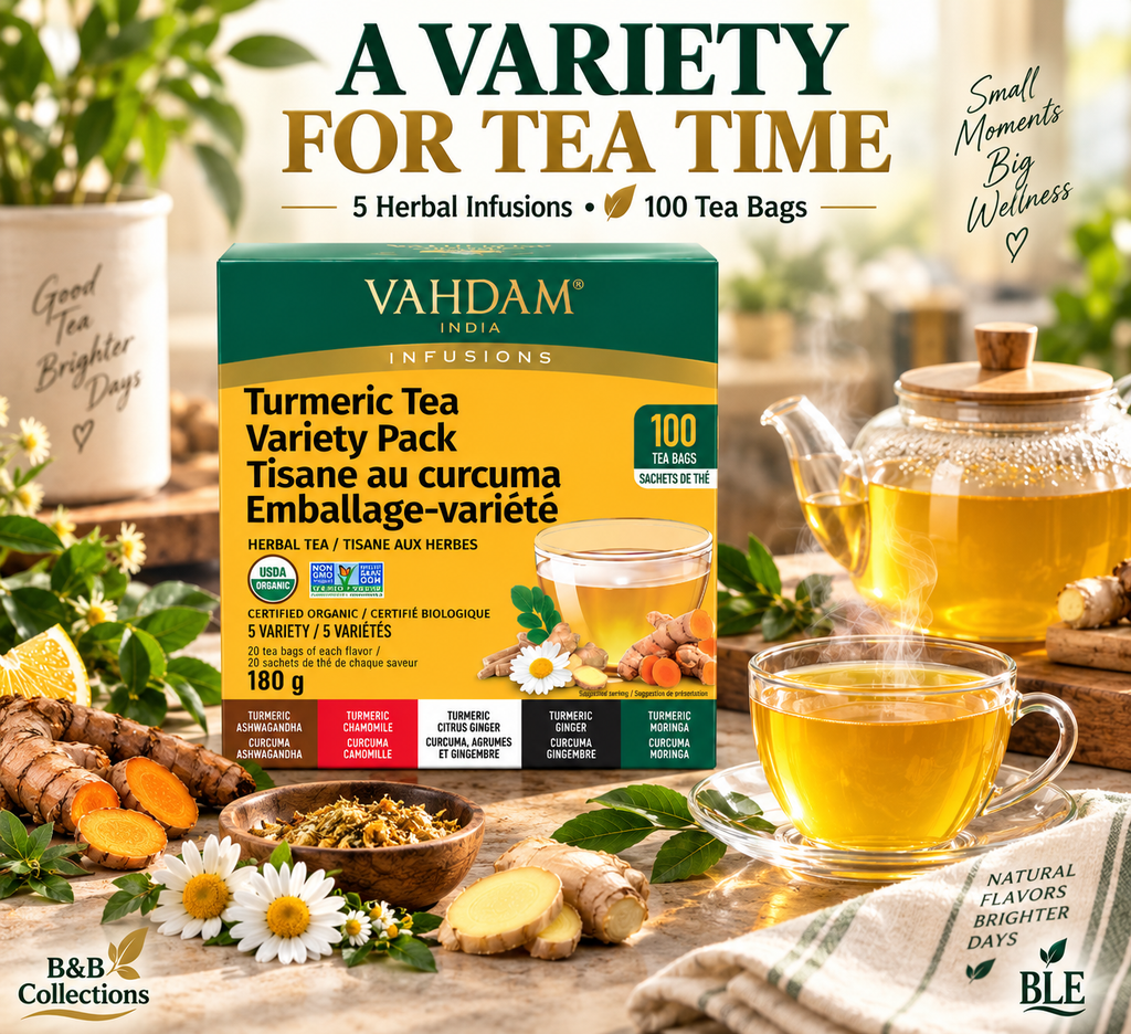 VAHDAM India Infusions Organic Turmeric Herbal Tea Variety Pack, Caffeine Free, 100 Tea Bags, 5 Varieties, 6.35 oz